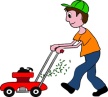 Clip Art Illustration of a Boy Mowing the Lawn